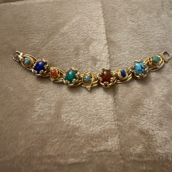 Vintage Gold Tone Multi Stone Cabochon Bracelet Turquoise Lapis Carnelian - Picture 2 of 3